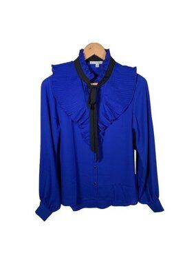 Haute Monde Blue Ruffle Long Sleeve Blouse Small Tie Neck